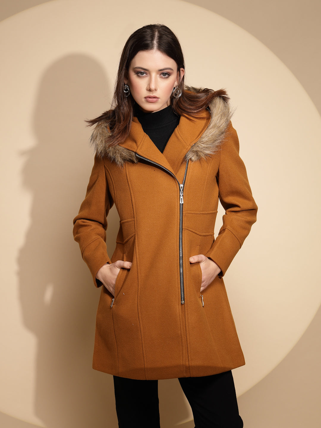 Women Mustard Solid Full Sleeve Knitted Fur Hooded Neck Coat - Global Republic
