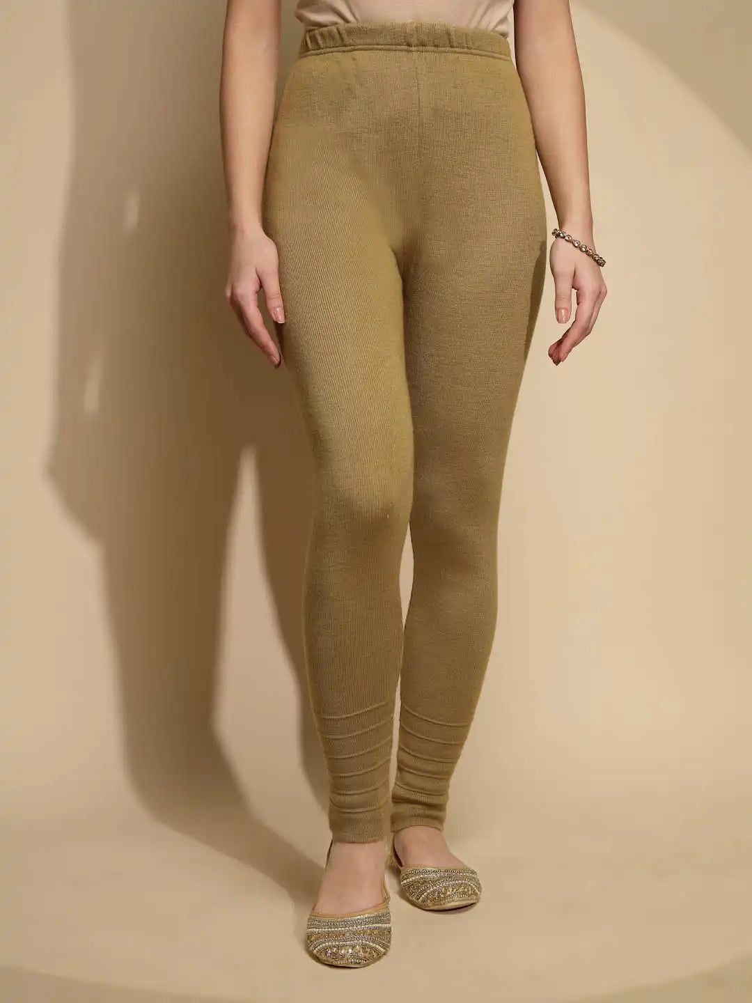 Solid Beige Woolen Mid Rise Full Length Stretchable Legging
