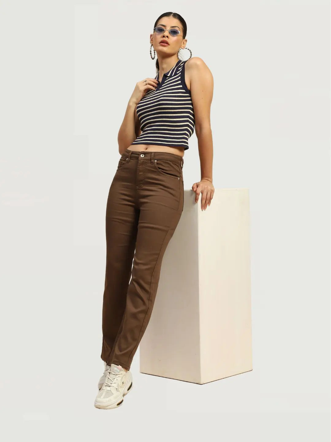Navy Viscose Striped Slim Crop Top - Global Republic