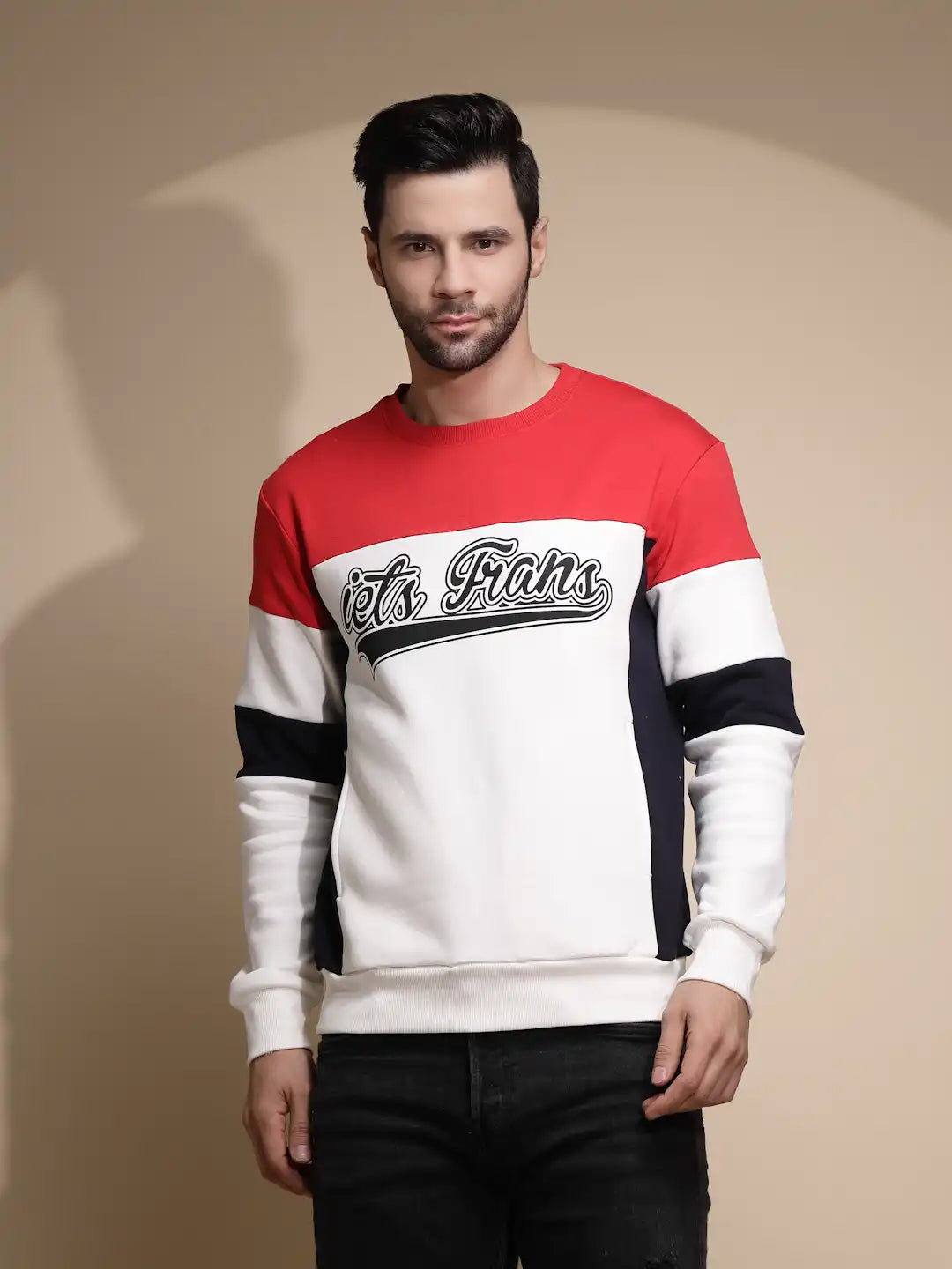 Men Off White Printed Round Neck Full Sleeve Hosiery Sweatshirt