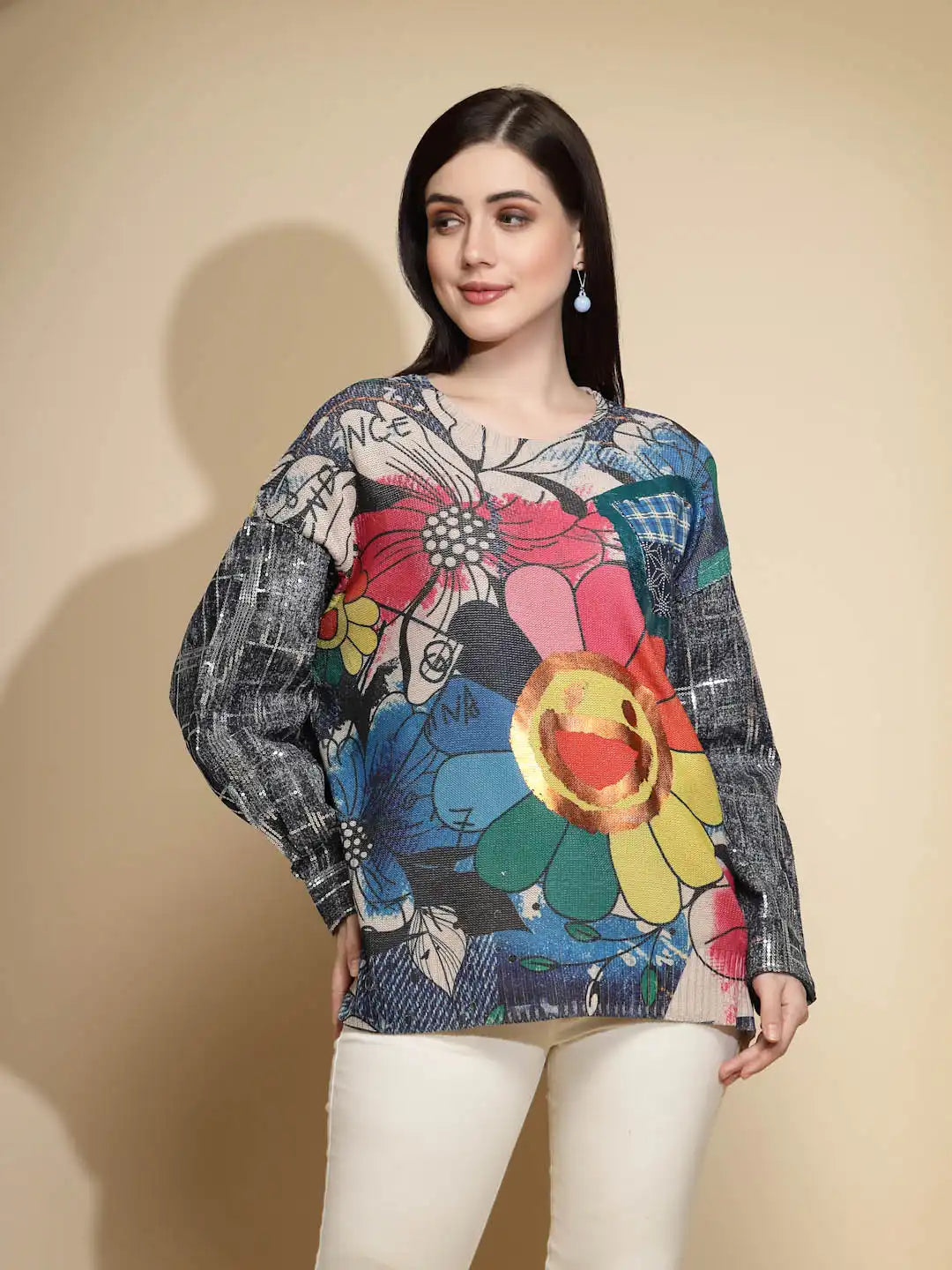 Multicolor Embellished Full Sleeve Round Neck Acrylic Pullover - Global Republic