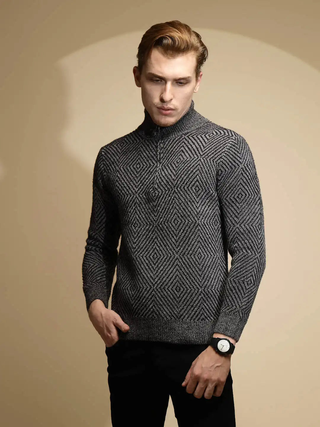 Black Geometric Print Full Sleeve Turtle Neck Acrylic Pullover