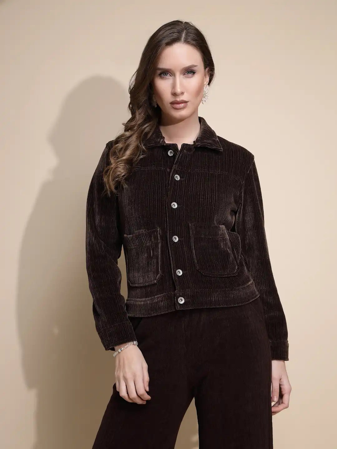 Brown Corduroy Solid Jacket