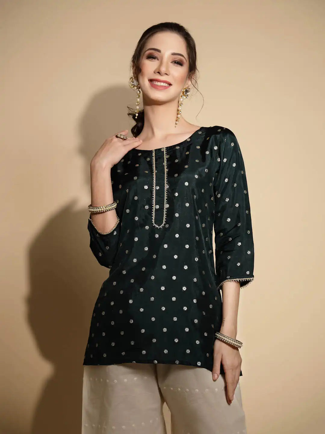 Green Embroidered Three Quarter Sleeves Round Neck Satin Tunic