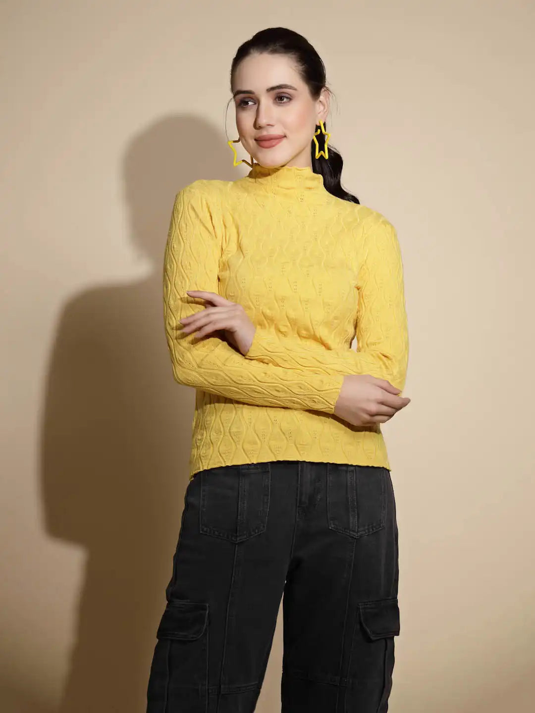 Mustard Solid Full Sleeve Turtle Neck Knitted Skivvy