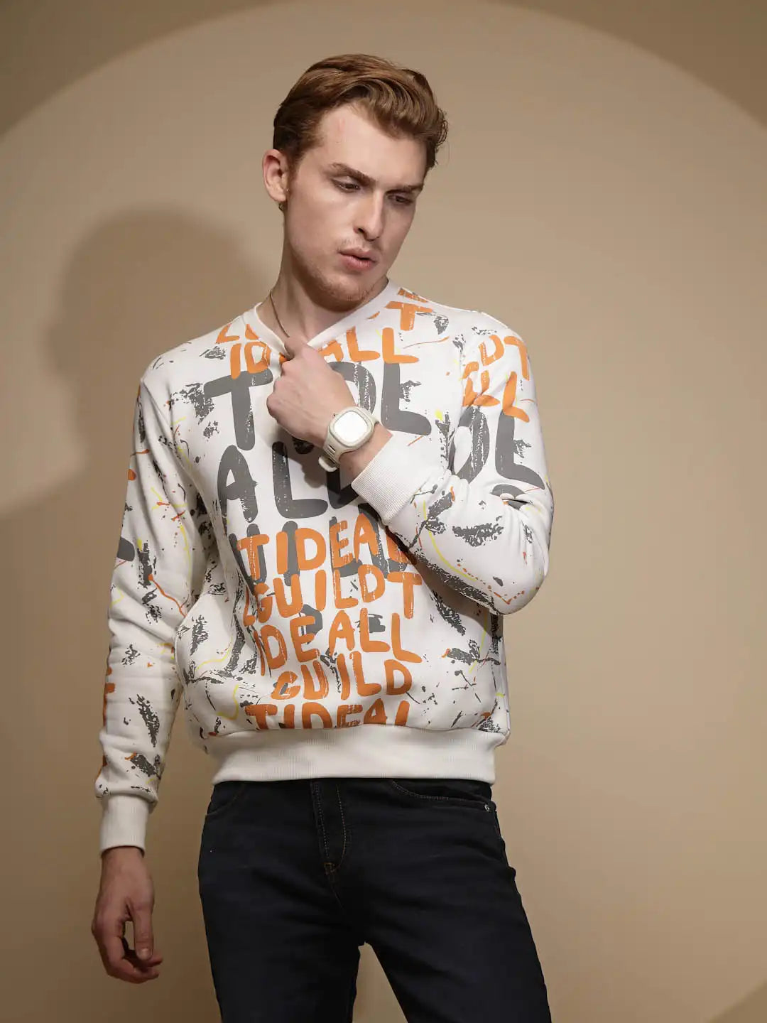 Off White Abstract Print Full Sleeve Round Neck Fleece Sweatshirt