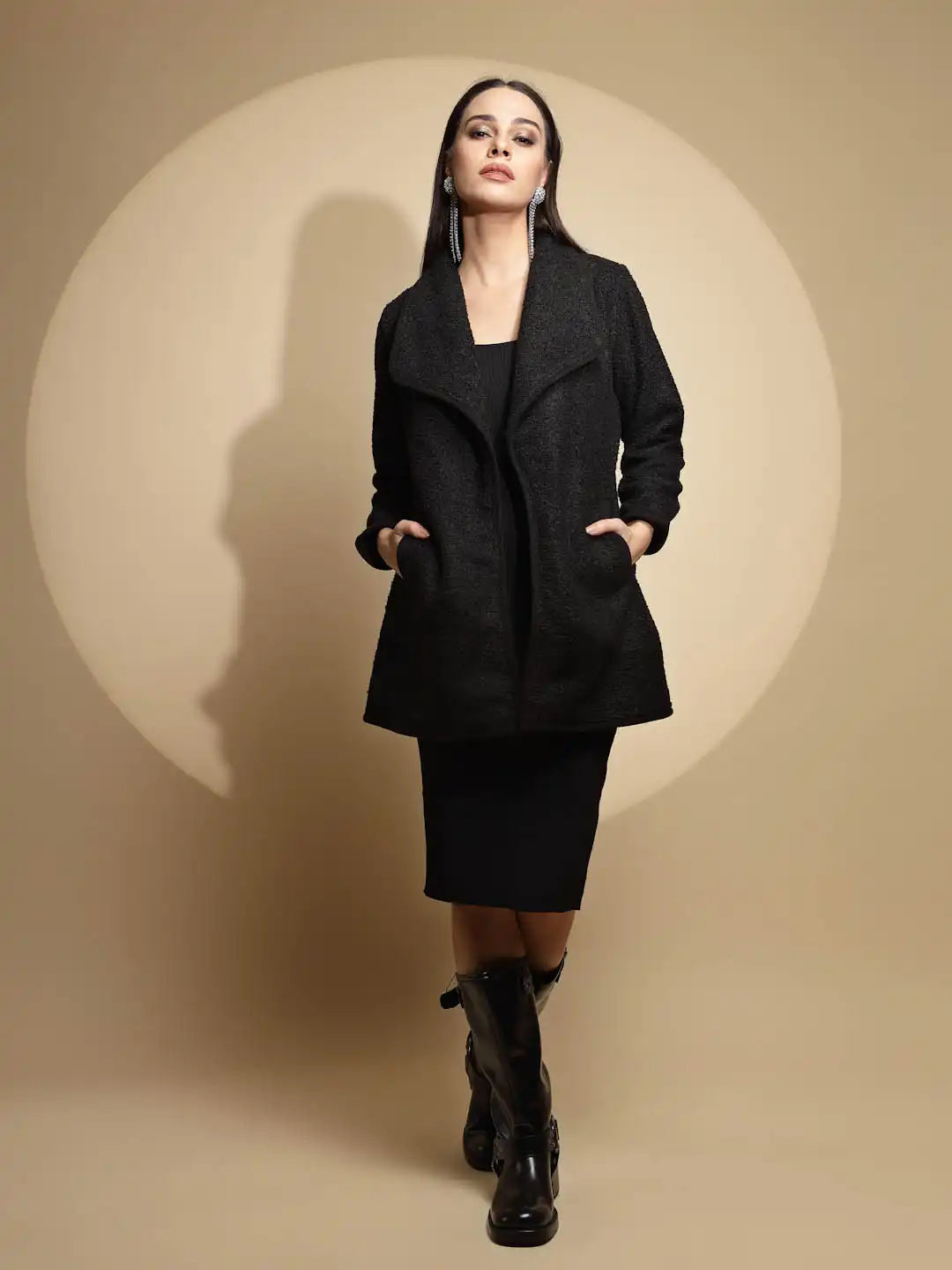 Black Solid Full Sleeve Collar Neck Knitted Winter Shrug - Global Republic