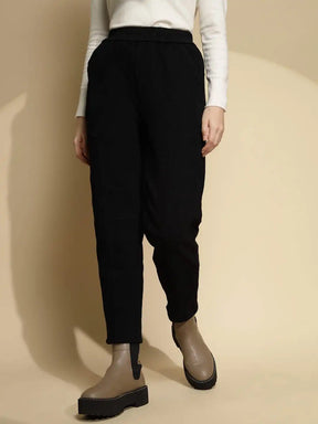 Black Solid Cotton Mid Rise Ankle Length Trouser