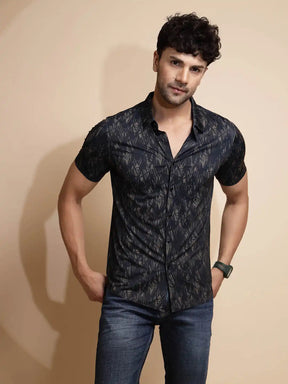 Black Printed Half Sleeve Collared Neck Cotton Shirt