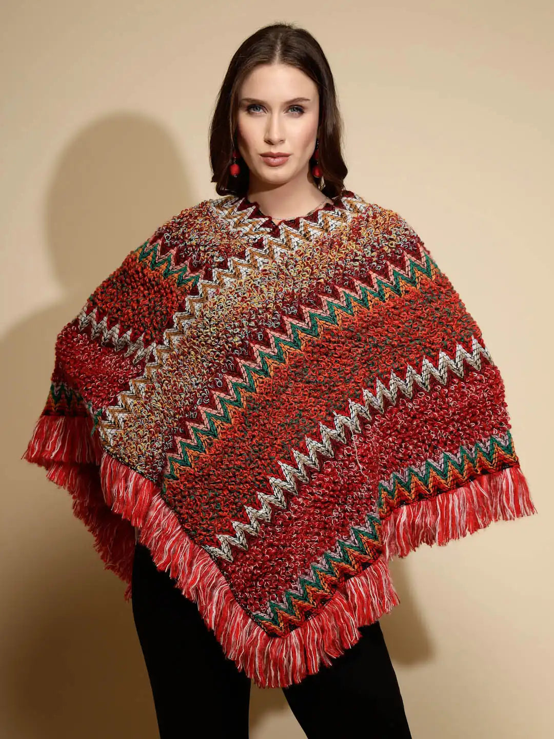 Red Abstract print Full Sleeve V-Neck Acrylic Poncho - Global Republic