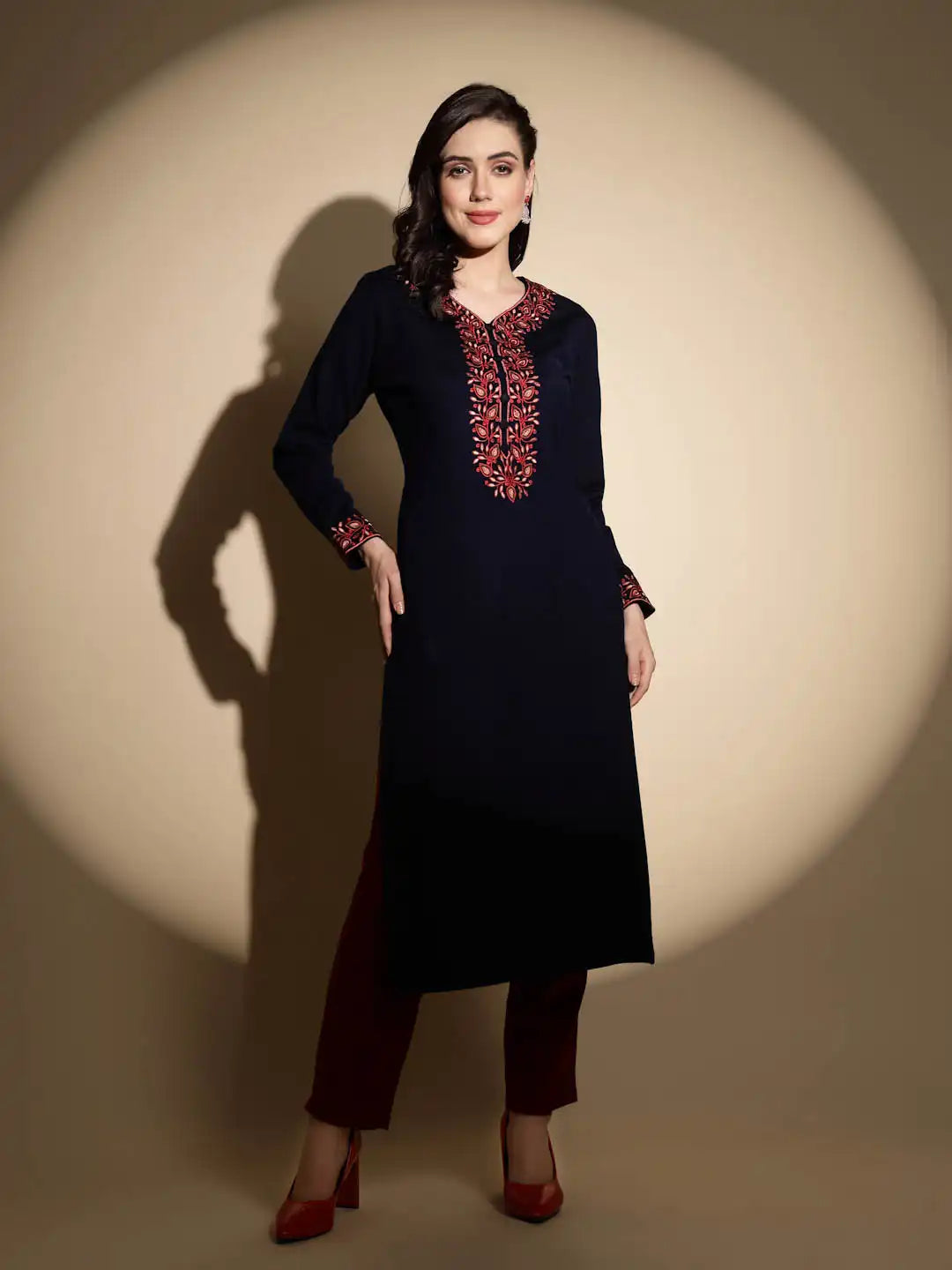 Royal Blue Embroidered Full Sleeves Raglan Cut Crew Neck Woolen Kurta