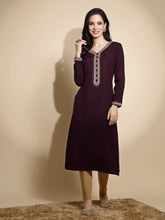Wine Embroidered Full Sleeves Raglan Cut Crew Neck Woolen Kurta
