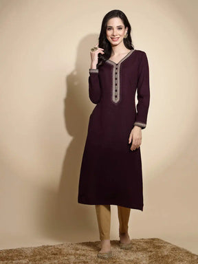 Wine Embroidered Full Sleeves Raglan Cut Crew Neck Woolen Kurta