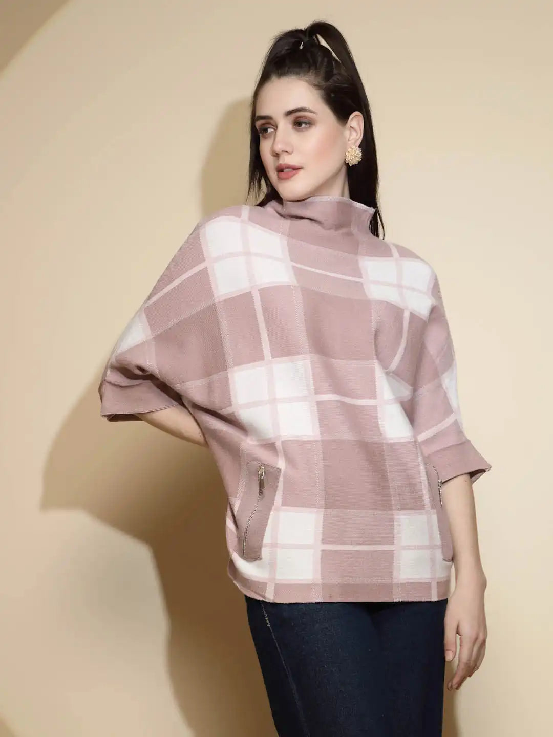 Pink Check Raglan Sleeve Turtle Neck Acrylic Pullover Sweater - Global Republic