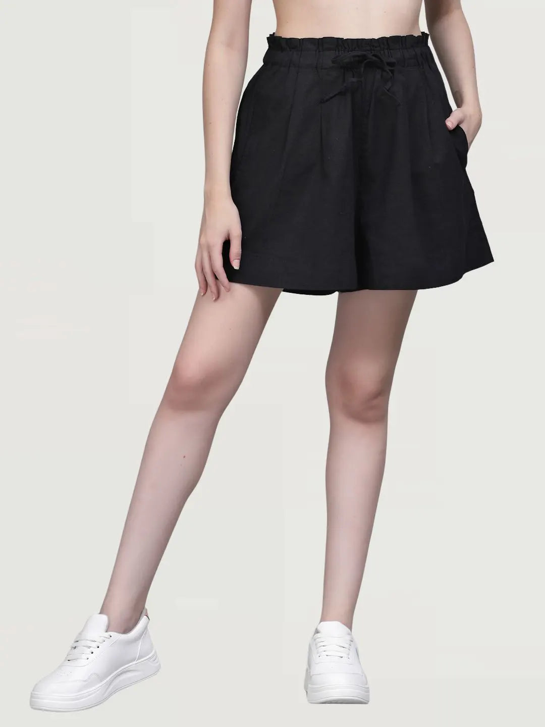 Black Linen Blend Relaxed Shorts - Global Republic
