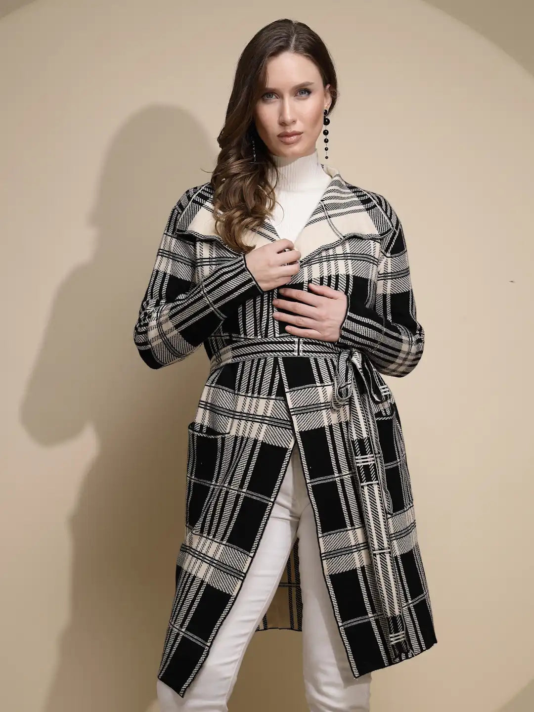 Women Beige Check Full Sleeve Collar Neck Knitted Winter Wrap Coat with Belt - Global Republic