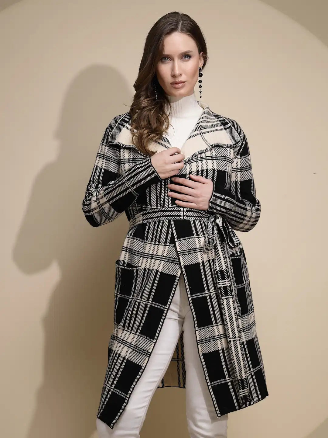 Women Beige Check Full Sleeve Collar Neck Knitted Winter Wrap Coat with Belt - Global Republic #