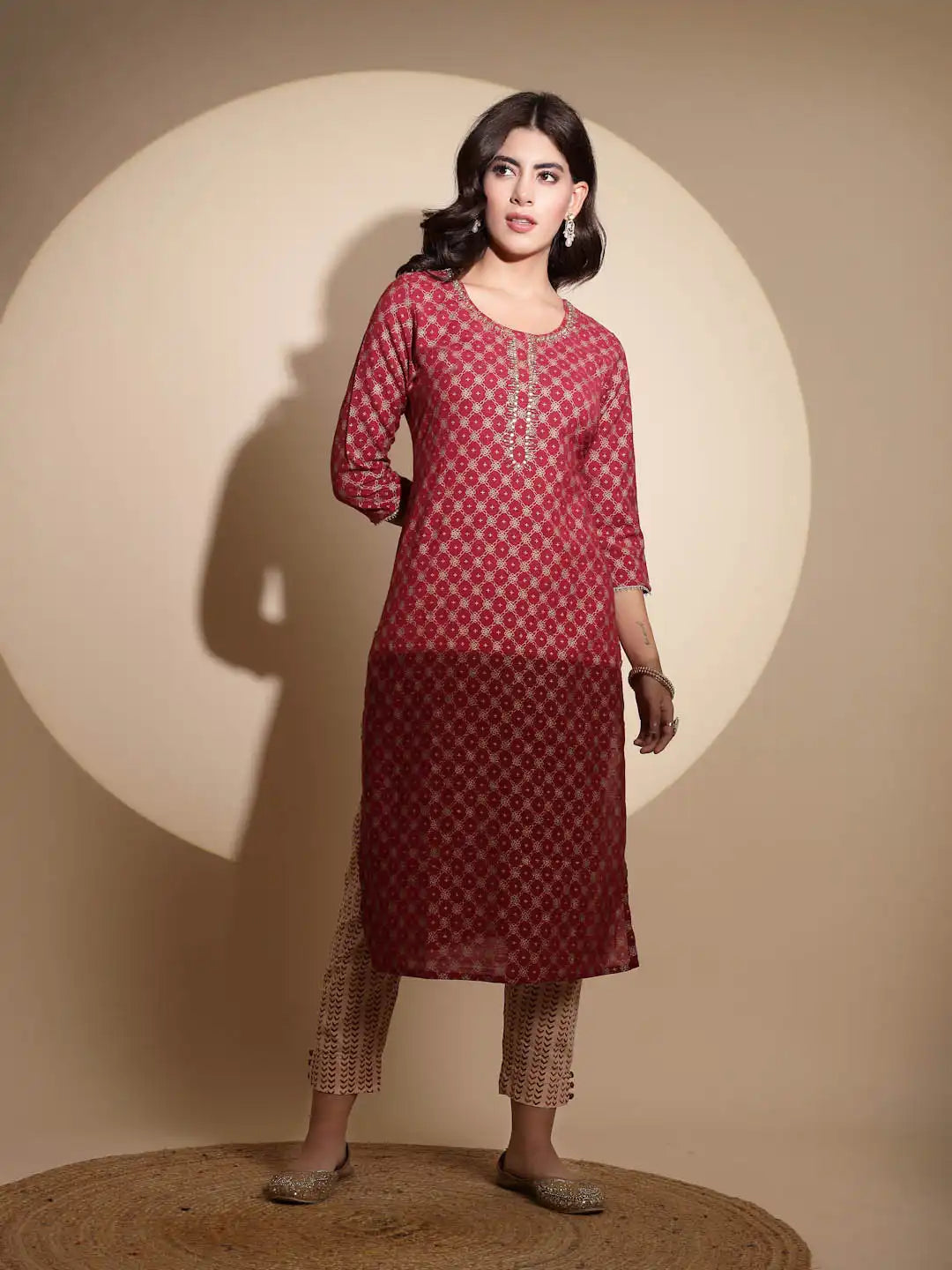 Maroon Embroidery Print Three Fourth Sleeve Cotton Kurta Set