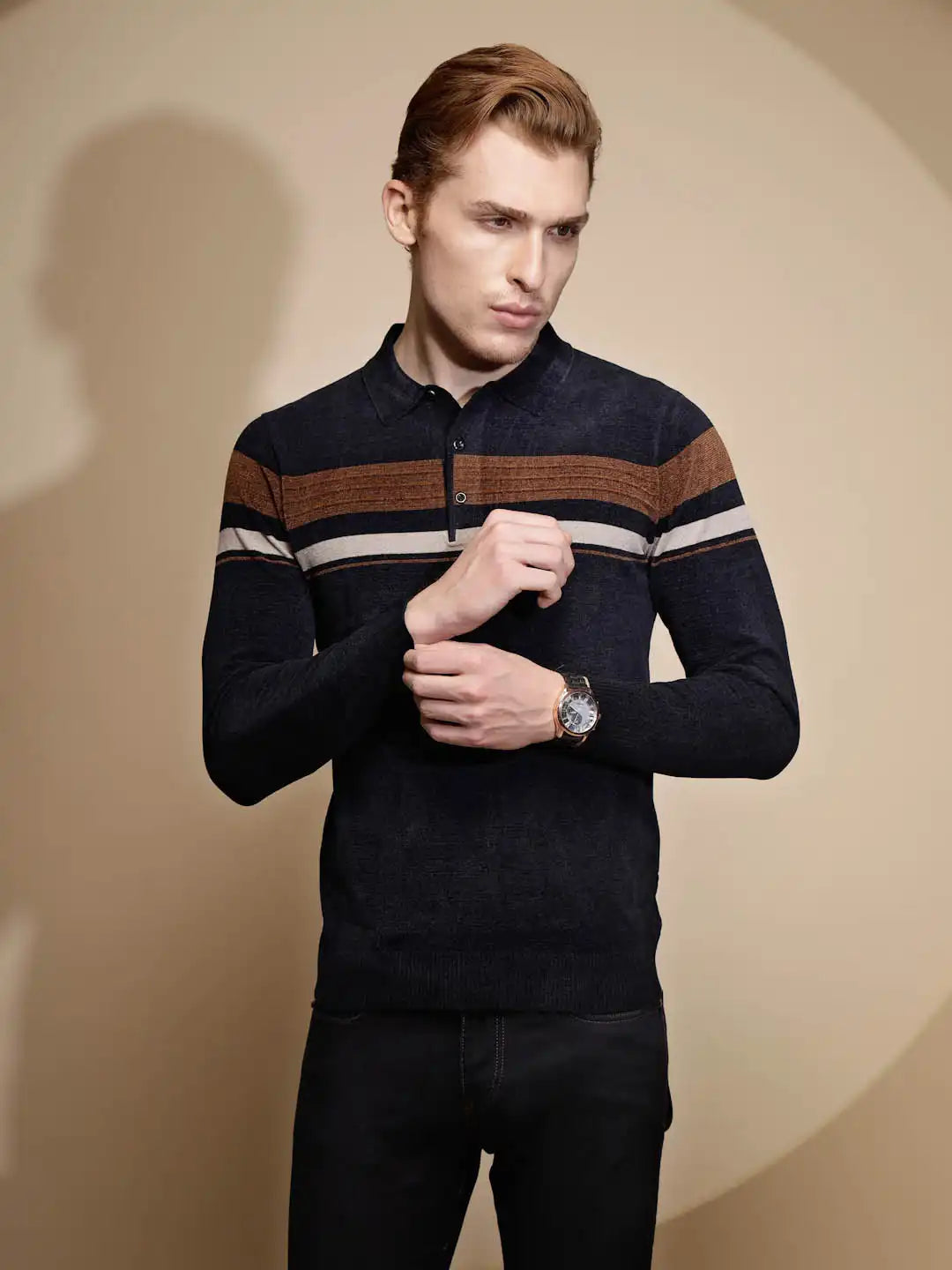 Navy Blue Solid Full Sleeve Polo Neck Acrylic Pullover