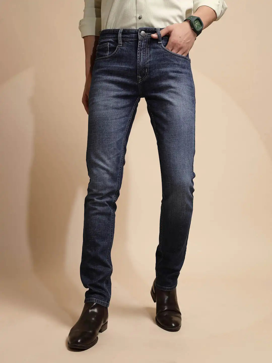 Medium Blue Solid Mid Rise Cotton Blend Jeans