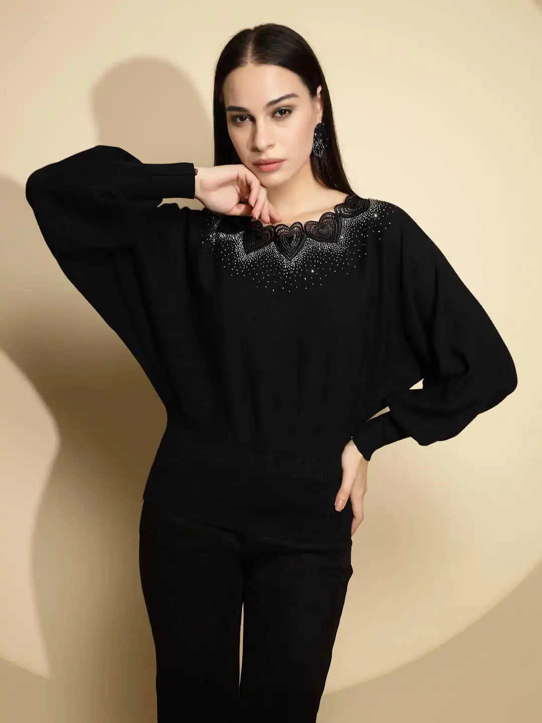 Black Embellished Full Sleeve Boat Neck Acrylic Pullover