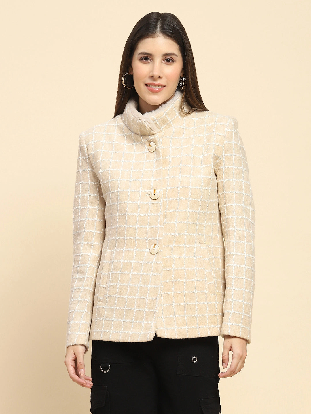 Beige  Acrylic Check Winter Coat - Global Republic