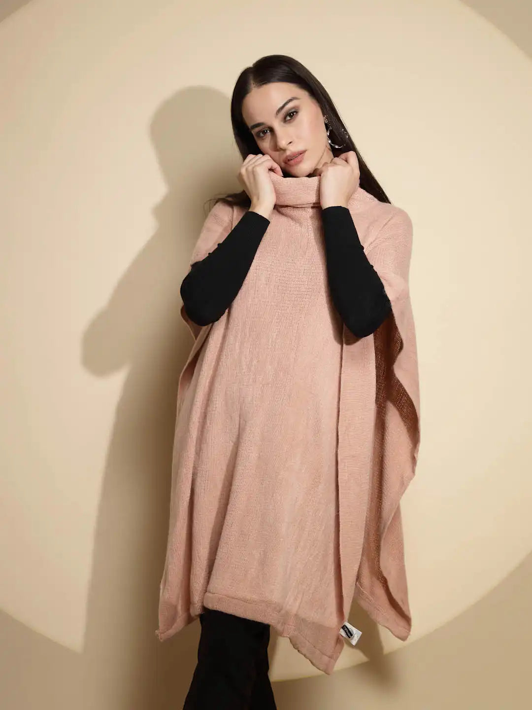 Pink Solid Half Sleeve Turtle Neck Acrylic Poncho