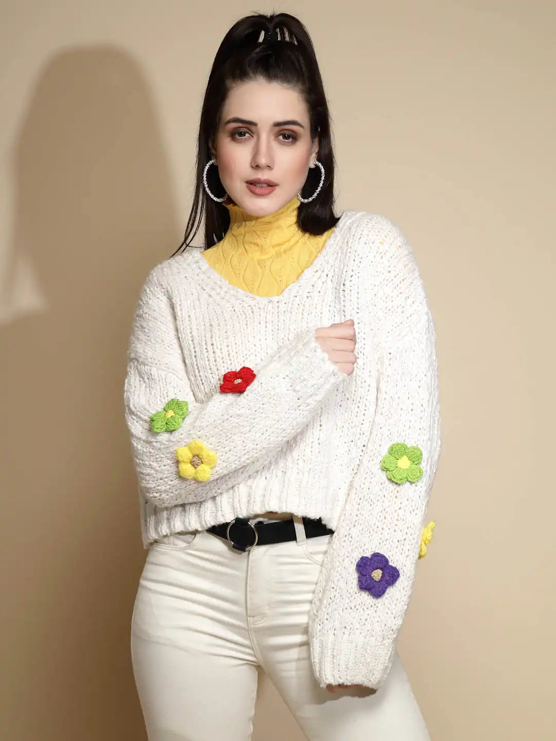 Off White Embellished Full Sleeve V-Neck Acrylic Pullover Sweater - Global Republic
