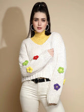 Off White Embellished Full Sleeve V-Neck Acrylic Pullover Sweater