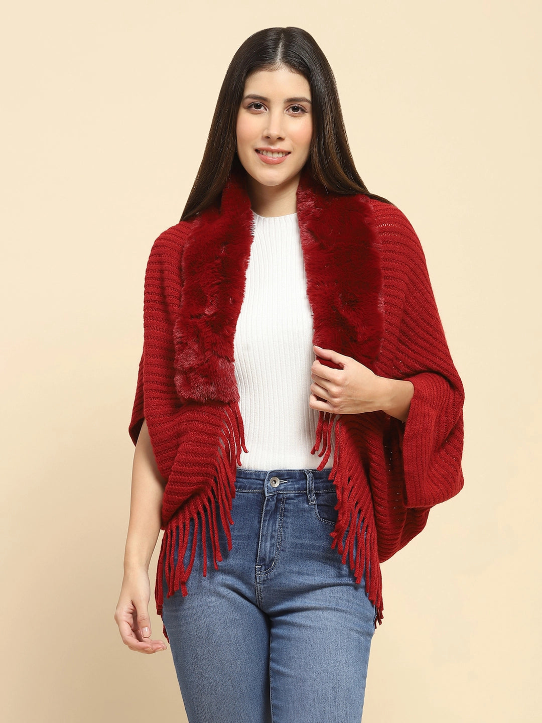 Maroon Acrylic Knitted Cape - Global Republic