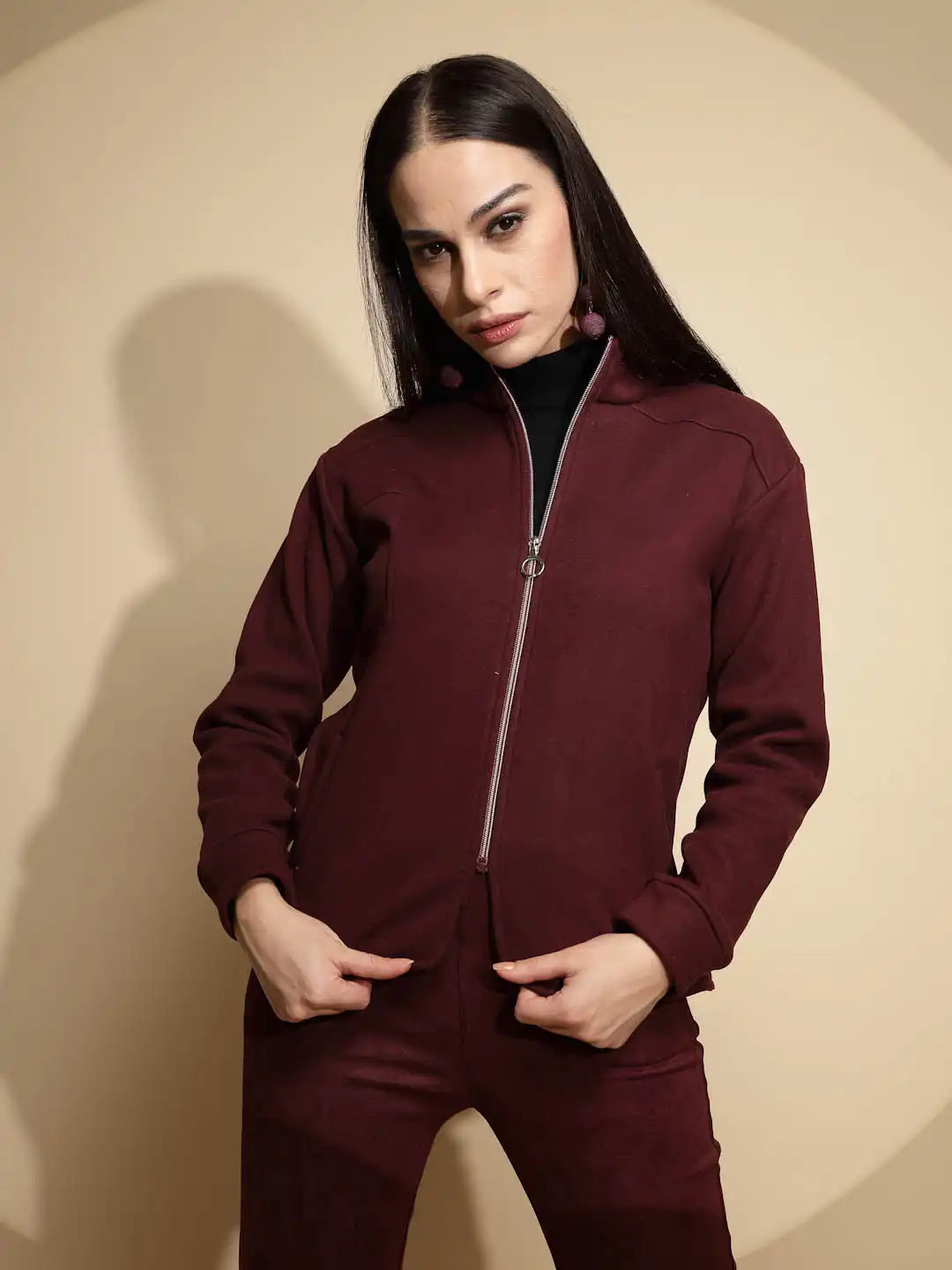 Solid Wine Full Sleeve Turtle Neck Fleece Sweatshirt - Global Republic