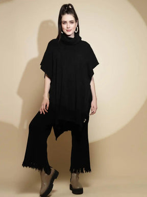 Black Solid Half Sleeve Cowl Neck Acrylic Poncho