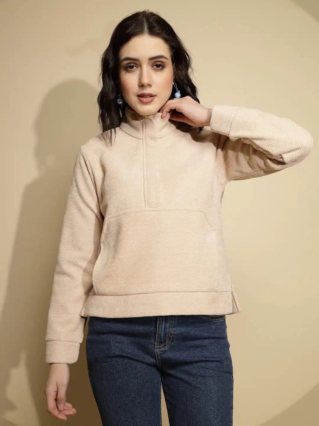 Beige Solid Full Sleeve Turtle Neck Fleece Sweatshirt