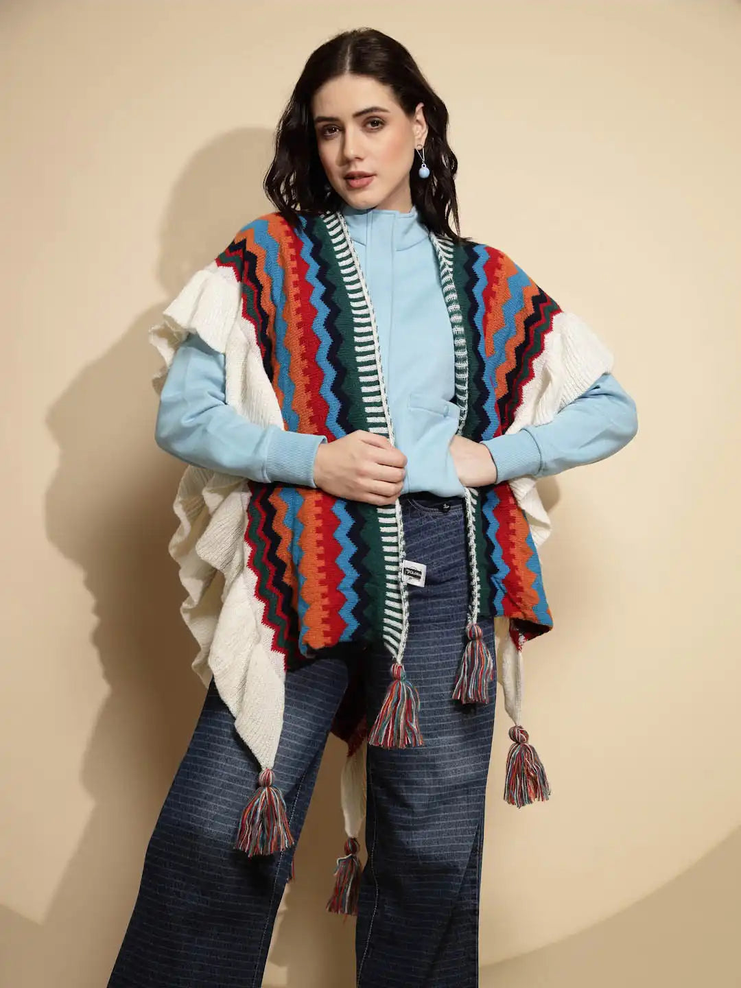 Multicolor Abstract Print Half Sleeve Open Neck Acrylic Cape - Global Republic