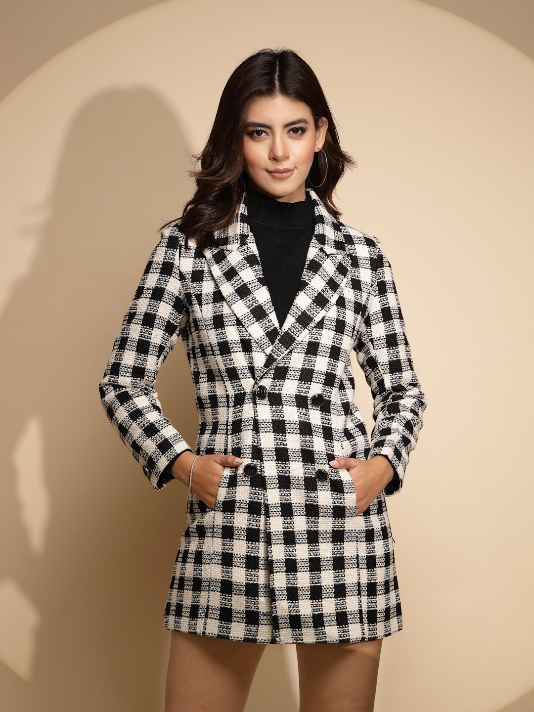 Women Black & White Checkered Collared Neck Full Sleeve Woolen Coat - Global Republic