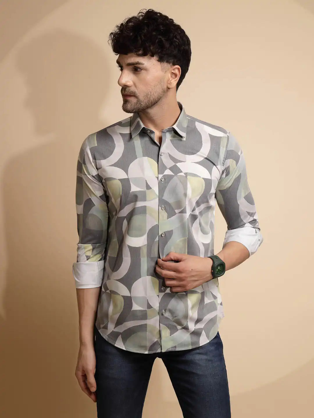 Grey Printed Full Sleeve Collared Neck Blend Shirt - Global Republic