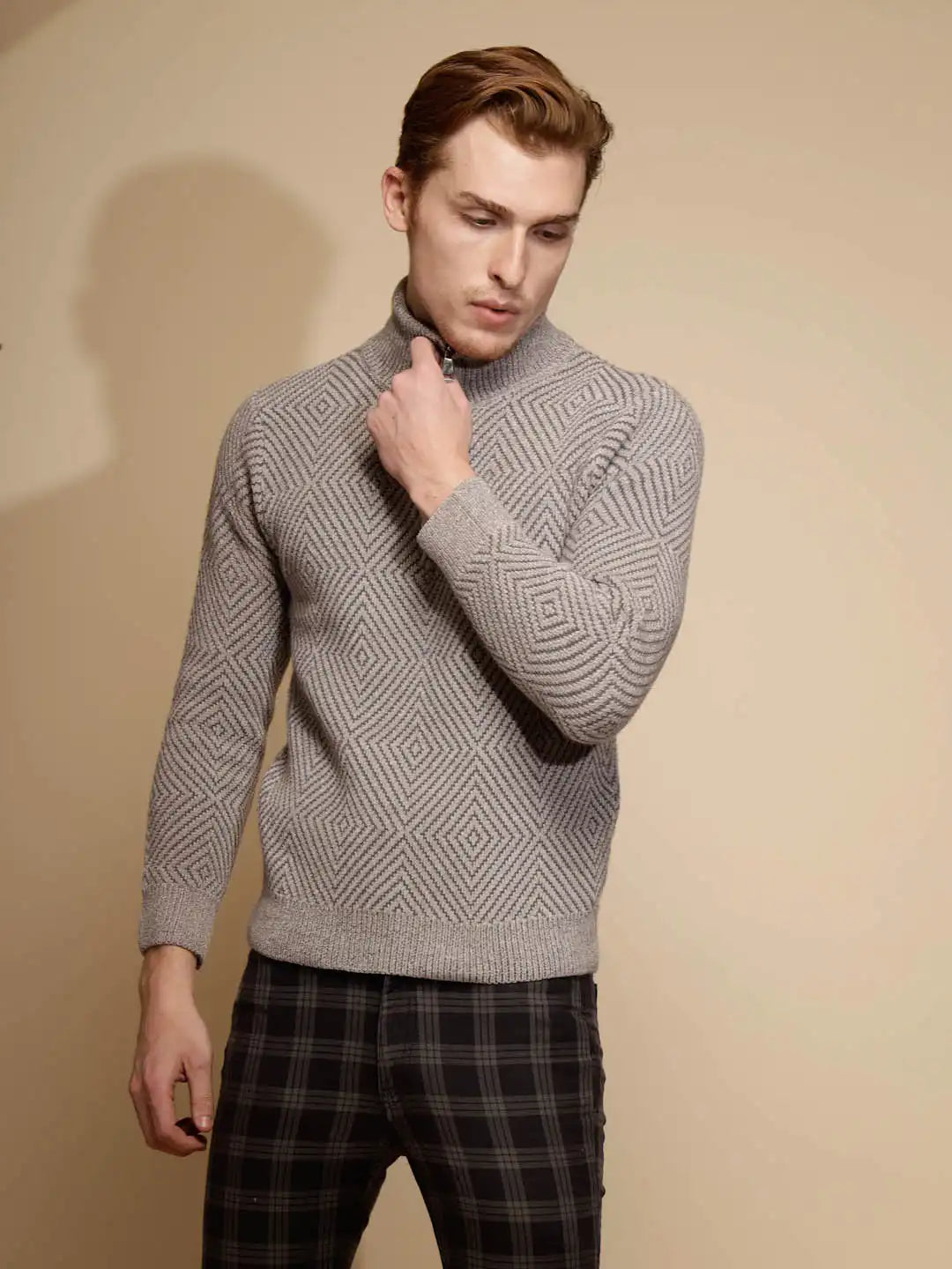 Light Grey Geometric Print Full Sleeve Turtle Neck Acrylic Pullover