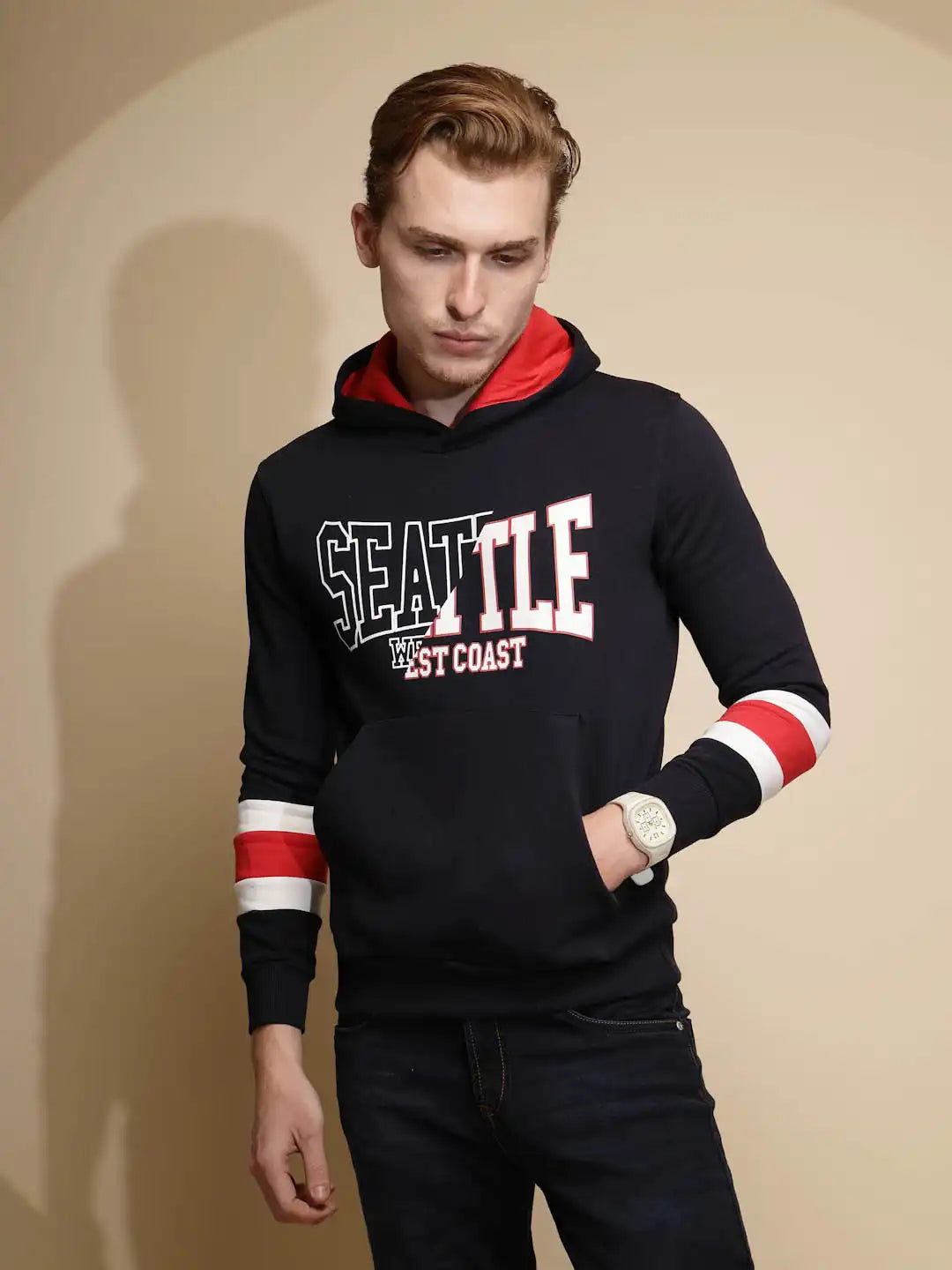 Navy Blue Solid Full Sleeve Fleece Hooded Sweatshirt - Global Republic