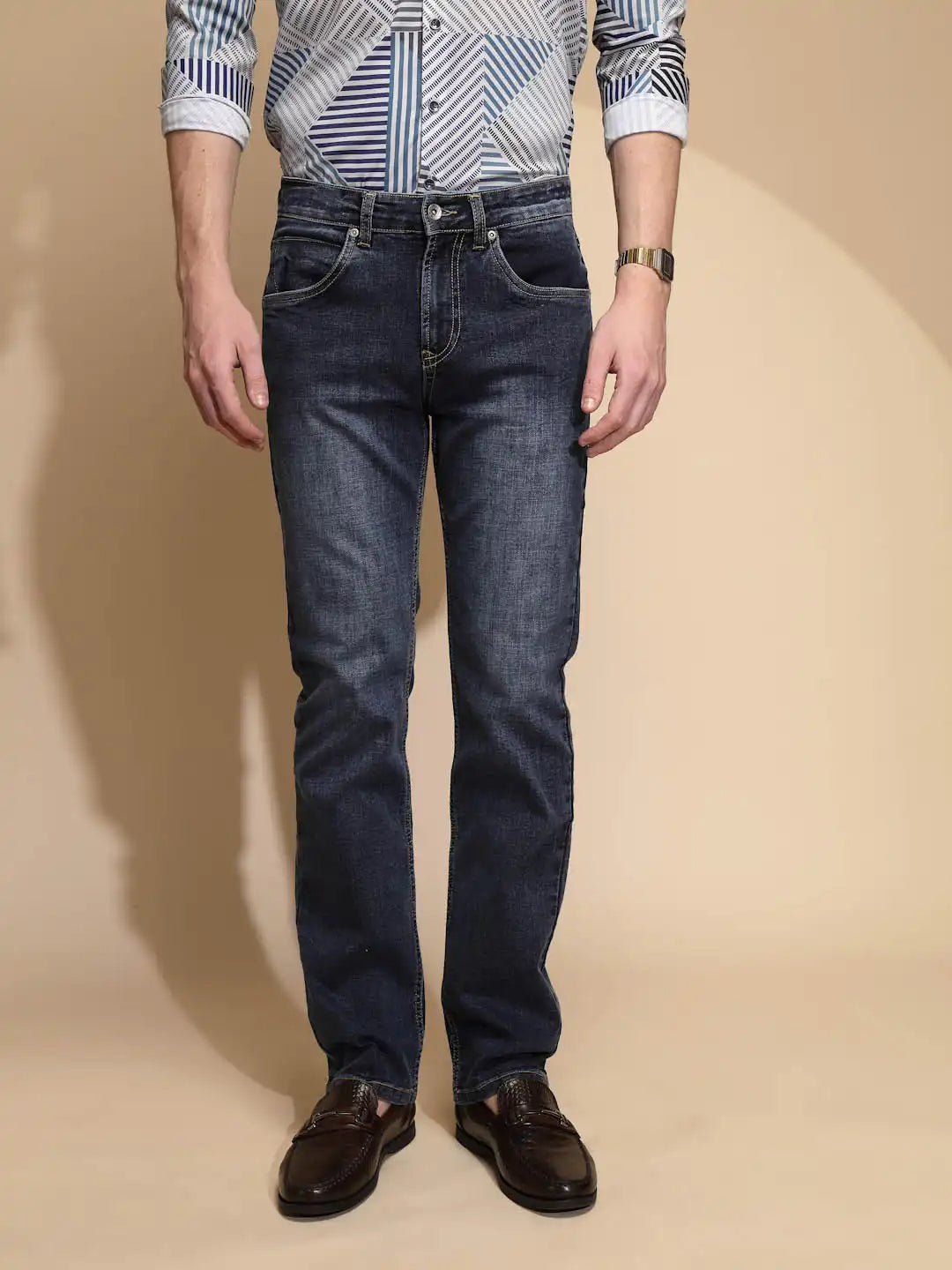 Blue Solid Mid Rise Straight Cotton Blend Jeans