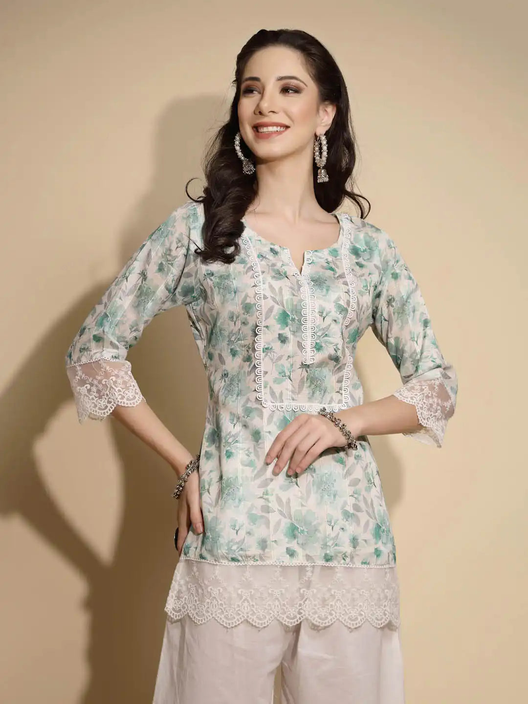 White Floral Prints Three Quarter Sleeves Round With V-Neck Tunic