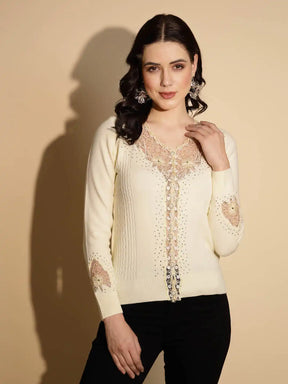 Women's Embrodery V neck Cream Cardigan