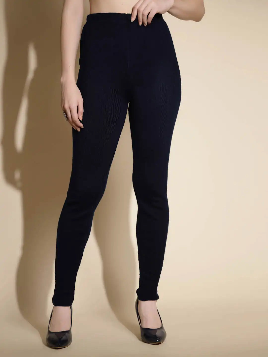 Navy Blue Solid Woolen High Rise Stretchable Legging - Global Republic