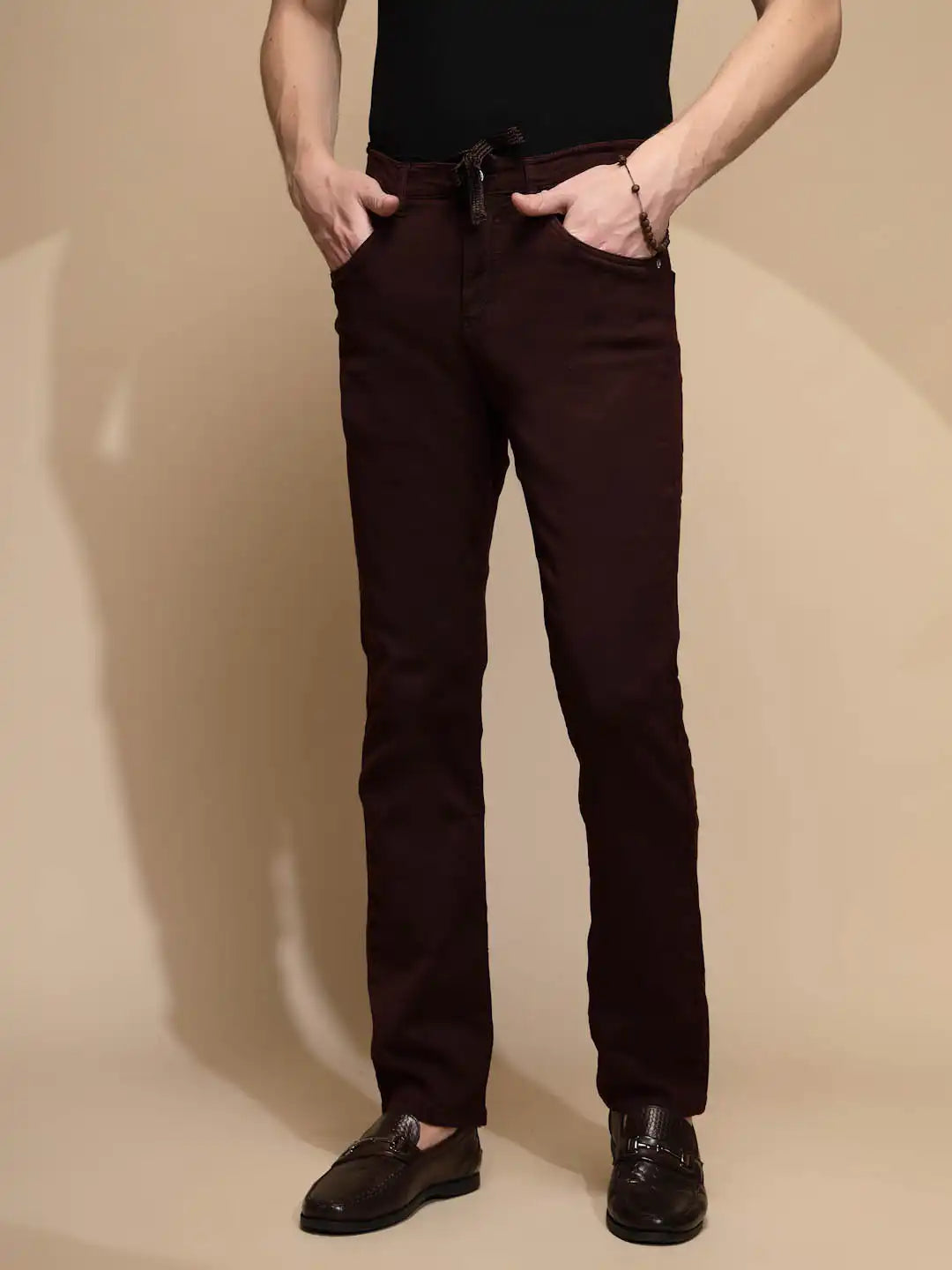 Maroon Solid Mid Rise Slim Fit Cotton Blend Jeans