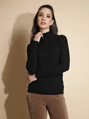 Black Solid Full Sleeve Turtle Neck Knitted Skeevi