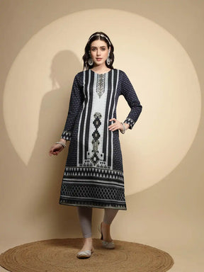Blue Embellished Full Sleeve Crew Neck Woolen Kurta