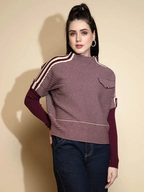 Rose Purple Check Full Sleeve Turtle Neck Pullover Sweater