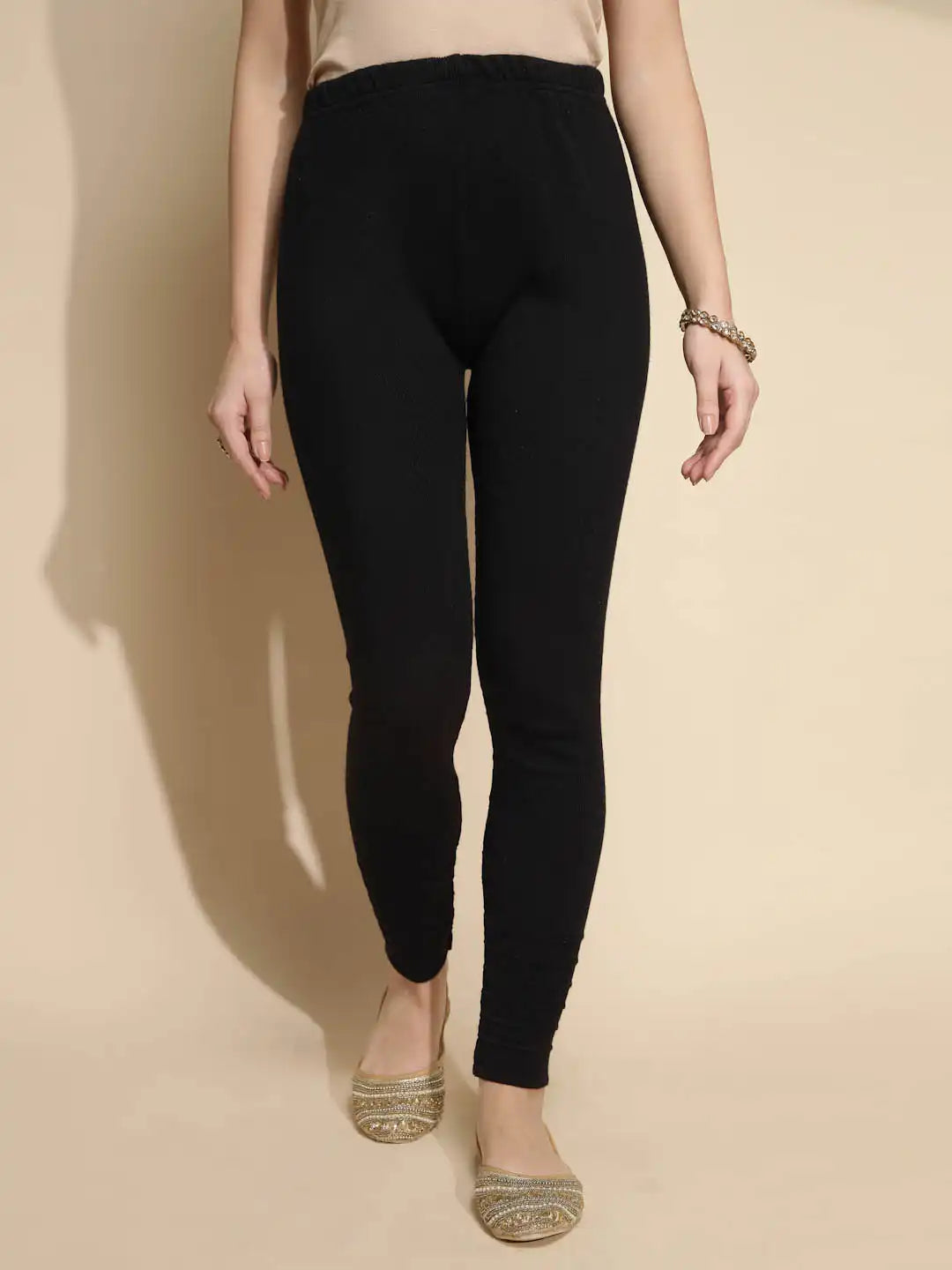 Black Solid Woolen Mid Rise Full Length Stretchable Legging
