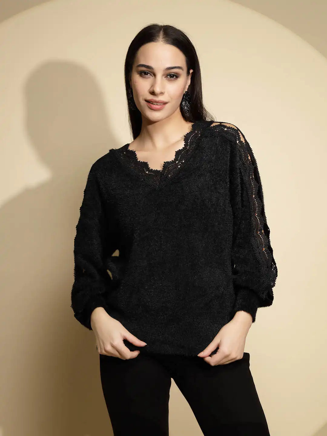 Black Embellished Full Sleeve V-Neck Relaxed Fit Pullover