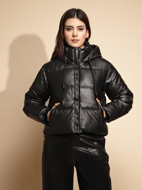 Women Black Solid Full Sleeve Hooded Jacket