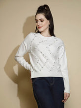White Embellished Full Sleeve Round Neck Pullover Sweater